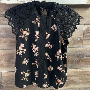 NoBo Floral Lace Top Ladies, Size M (7-9), Black Floral
